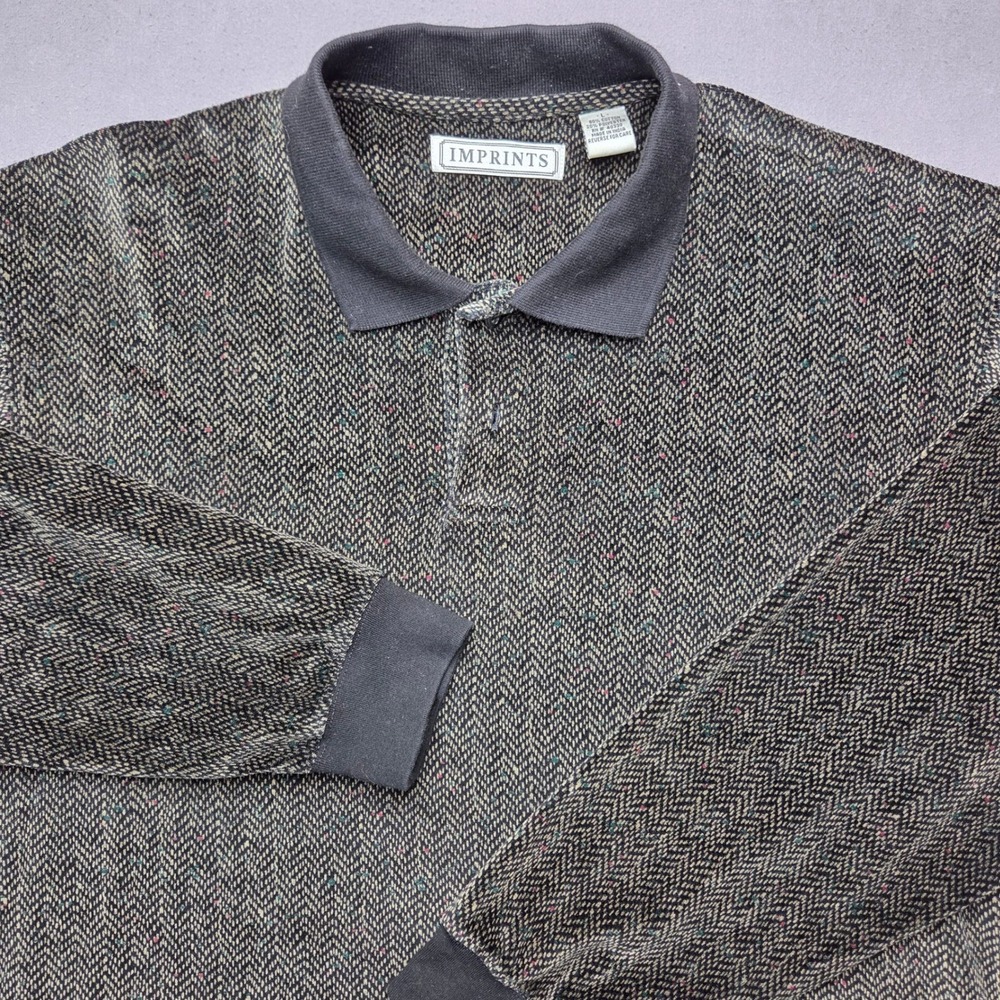Vintage Imprints Men's Large Herringbone Knit Polo Shirt Flecked Long Sleeve